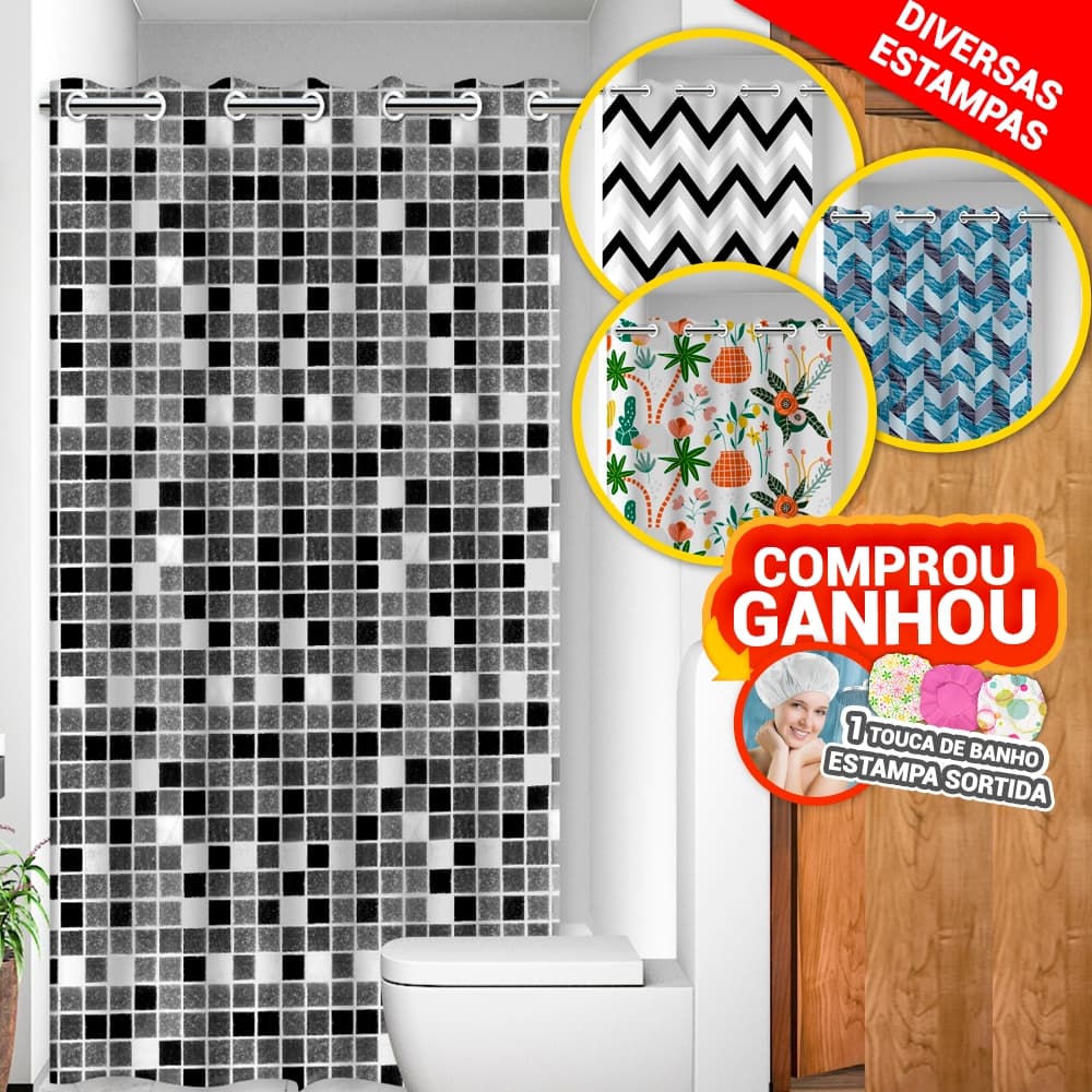 Cortina de Box para Banheiro c/ Ilhós Anti Mofo Resistente Alta Qualidade 100% PVC - Várias Estampas