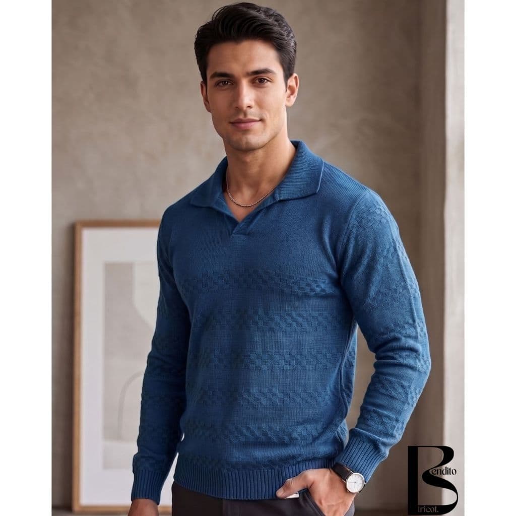 Blusa Masculina Tricot Manga Longa Gola Polo Canelada Básica Elegante Tricô Moda Inverno
