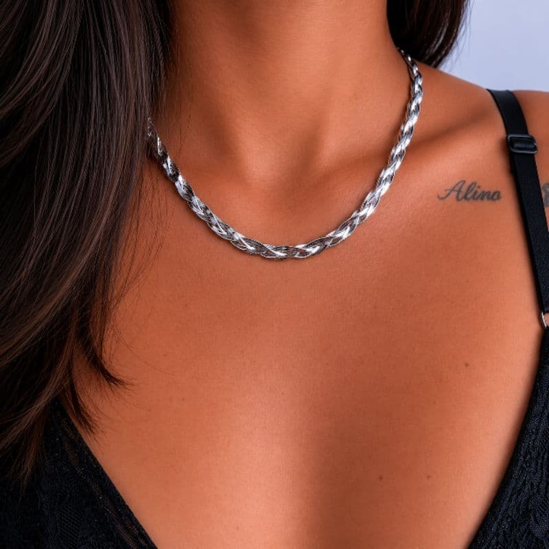 Colar Choker Feminino Trançado Luxo Premium Prata