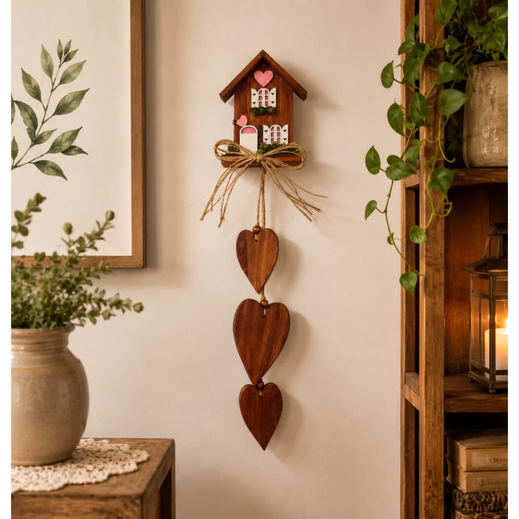 Enfeite de Parede com Casinha C/ 3 Corações- Gra Decorações