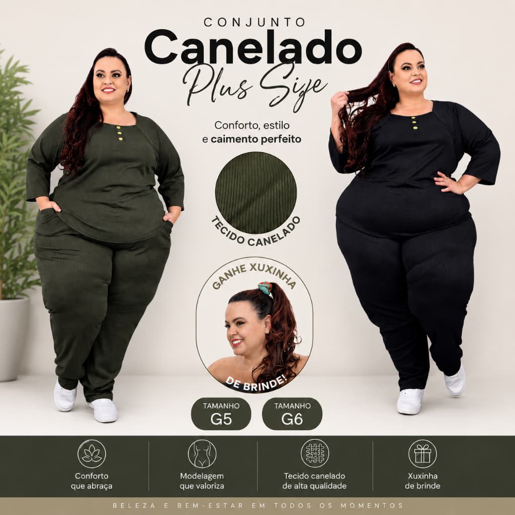 Conjuntinho Blusa 3/4 e Calça c/ Bolso Feminino Tecido Canelado Plus Size G4 G5 e G6