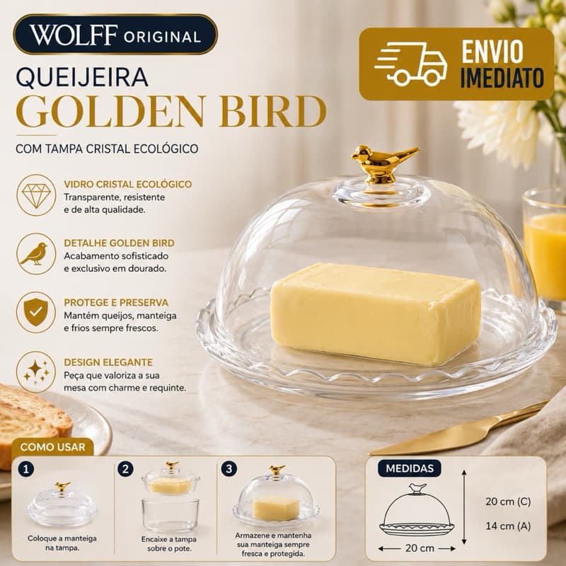 Queijeira com Tampa Golden Bird Vidro Cristal 20cm Wolff