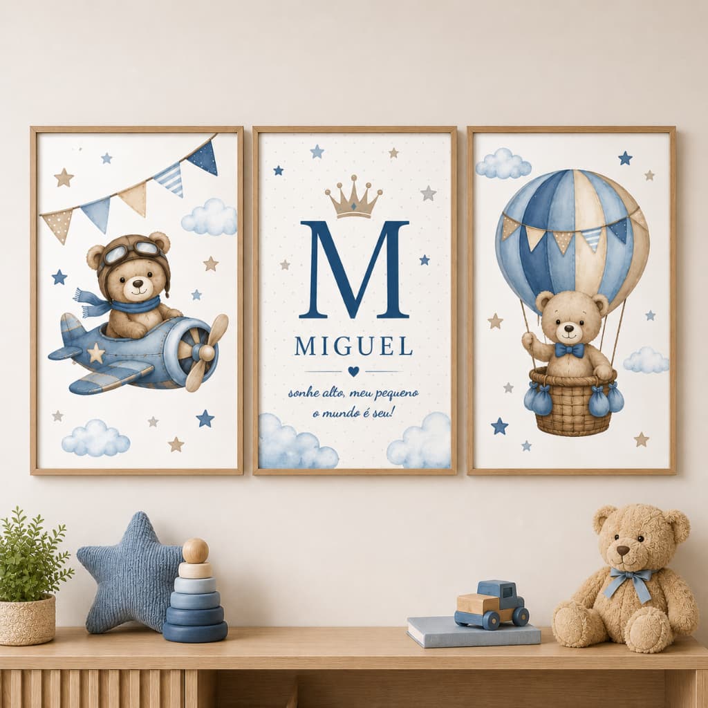 Quadro Decorativo 3 peças Infantil Personalizado com Nome Para Quarto bebe Nenem Menino
