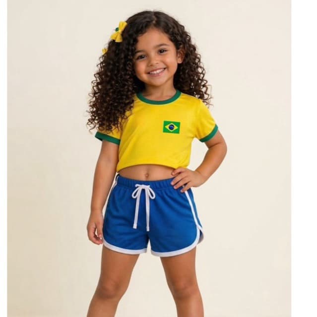 Conjunto Infantil Feminino Brasil Verde e Amarelo – Blusa Cropped + Short Esportivo Menina Verão
