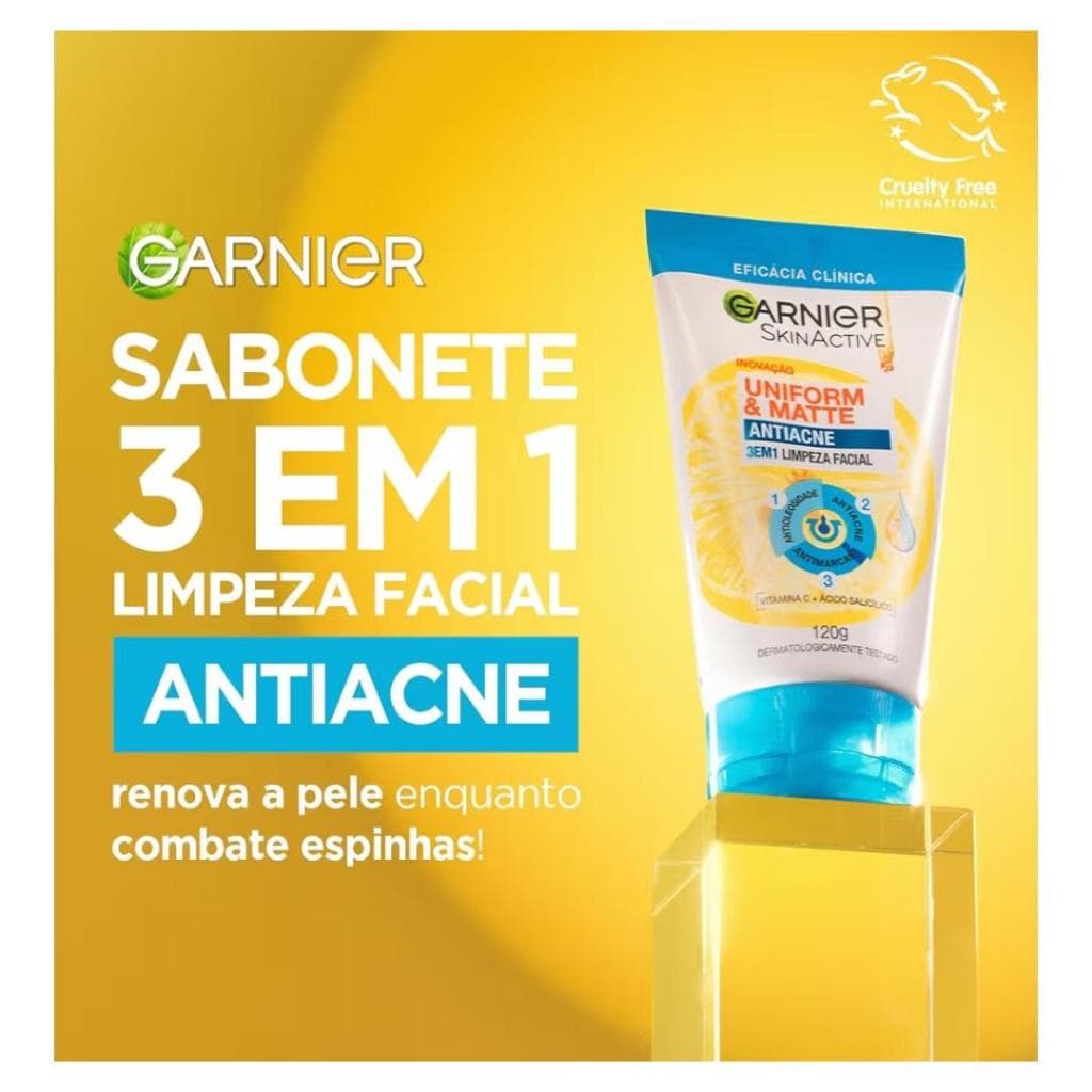 Sabonete Facial Garnier Uniform & Matte 120g 3 em 1 com Ácido Salicílico e Vitamina C