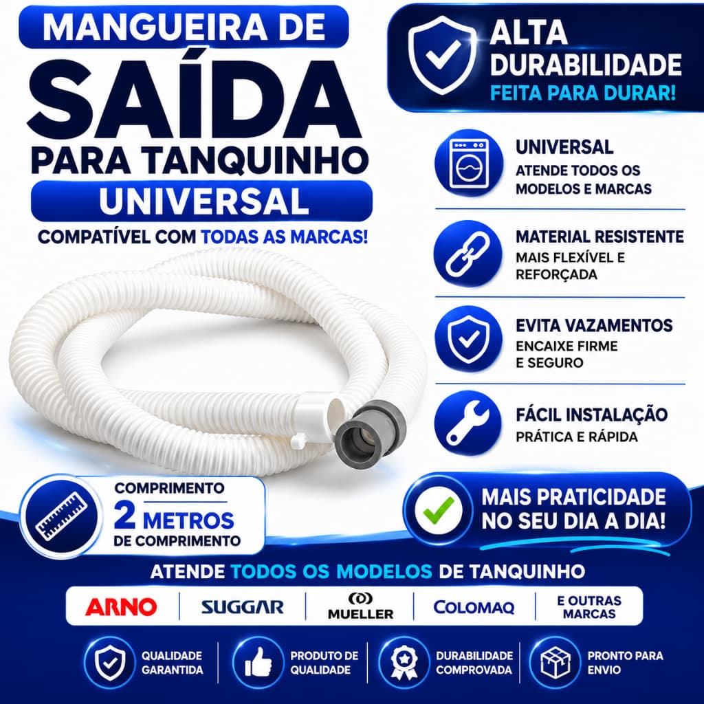Mangueira de Saída de Água Branca para Tanquinho 2 Metros- Universal e Resistente