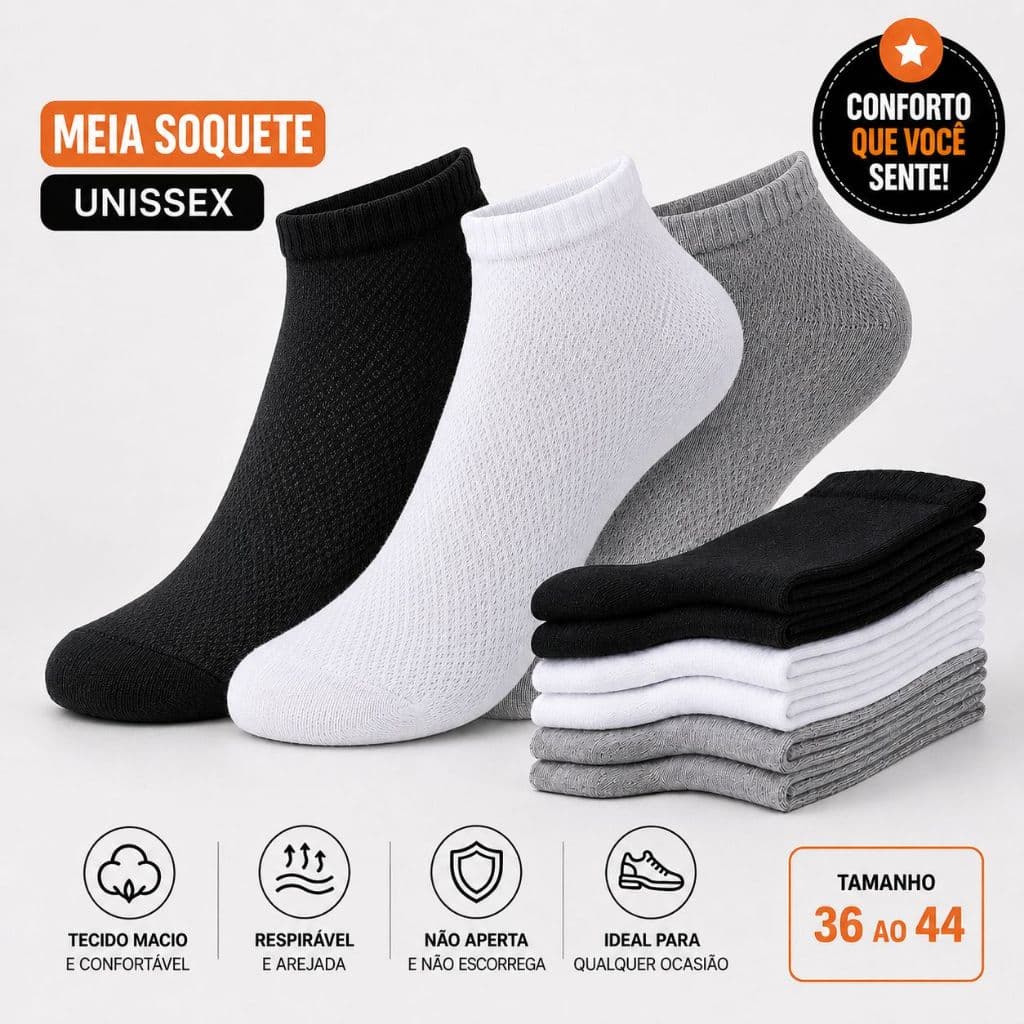 Meia Soquete Unissex Algodão Cano Curto Masculina Feminina Respirável Kit 3 6 e 12 Pares