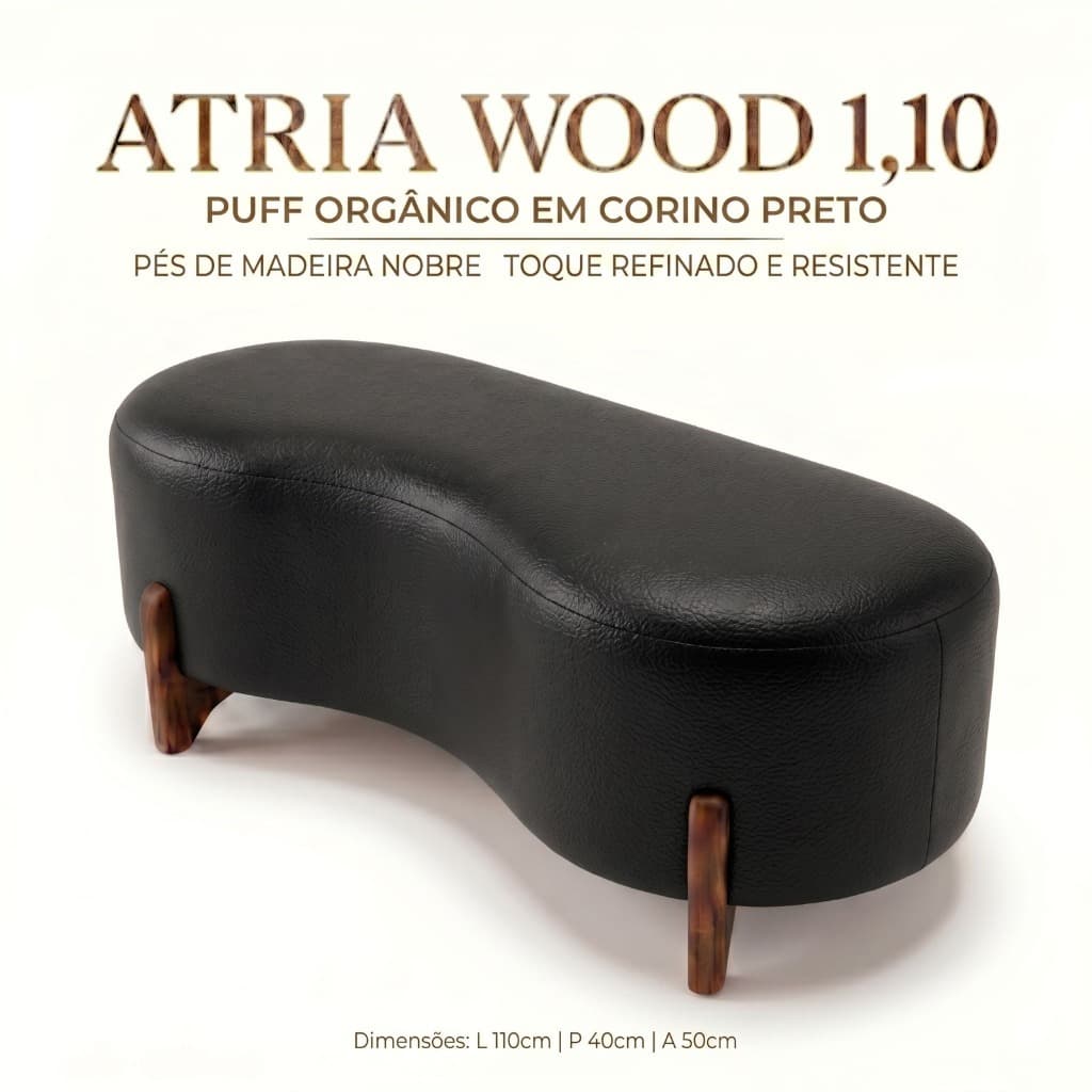 Puff Atria Wood 1,10m Corino Preto • Peça Decorativa Premium • Design Minimalista Sofisticado