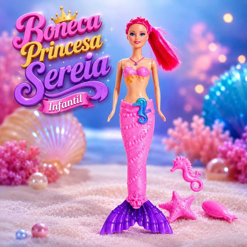 Boneca Princesa Sereia Infantil com Luz Som e acessórios