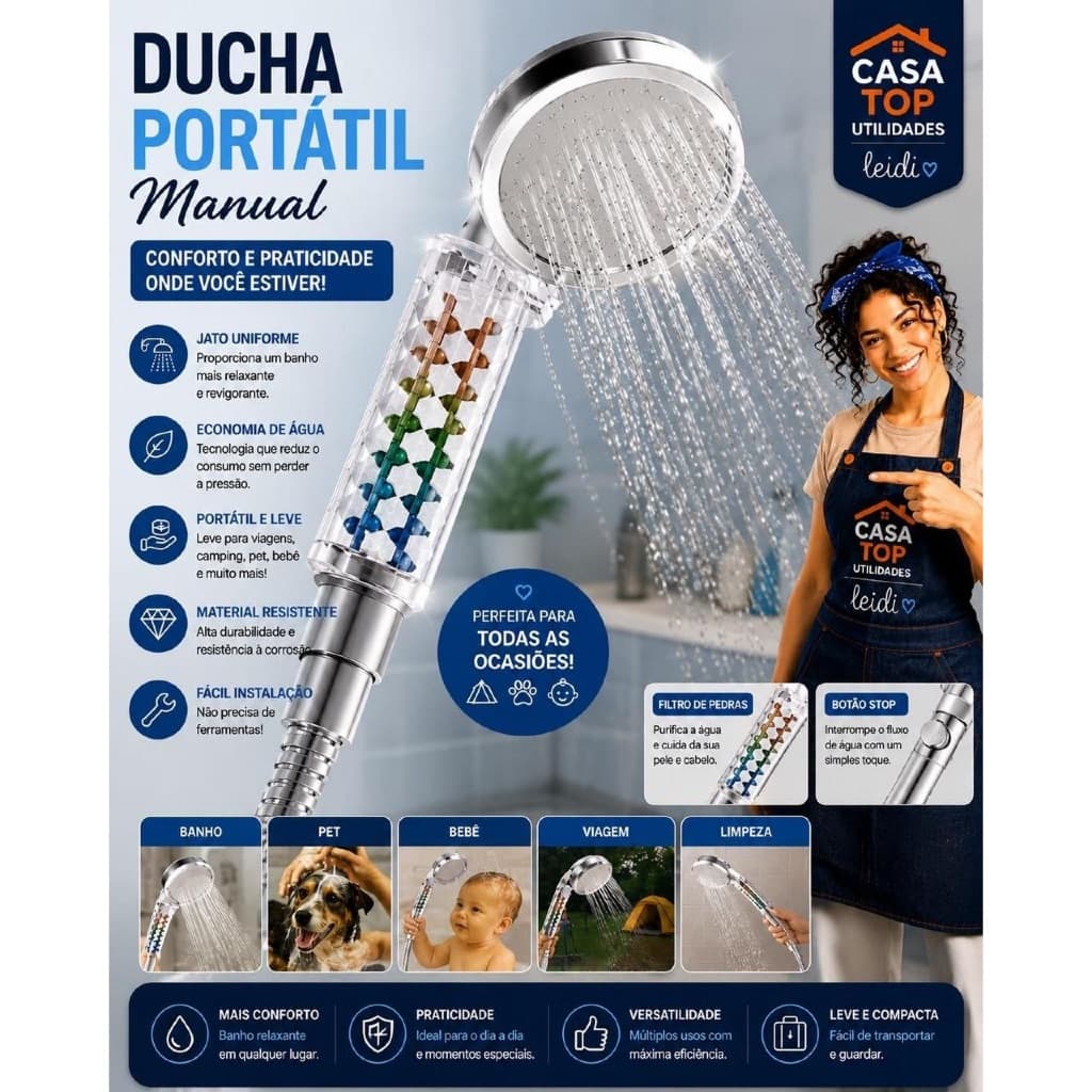 Ducha Portátil Manual Compacta Leve Recarregavel Banho Camping Carro Praia