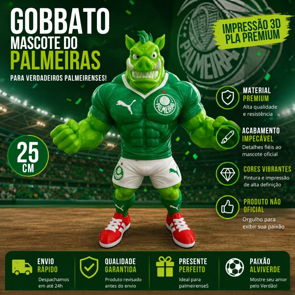 Mascote Porco Palmeiras 3D Acabamento Premium - Presente Perfeito Para Palmeirense - Torcedor Verdão