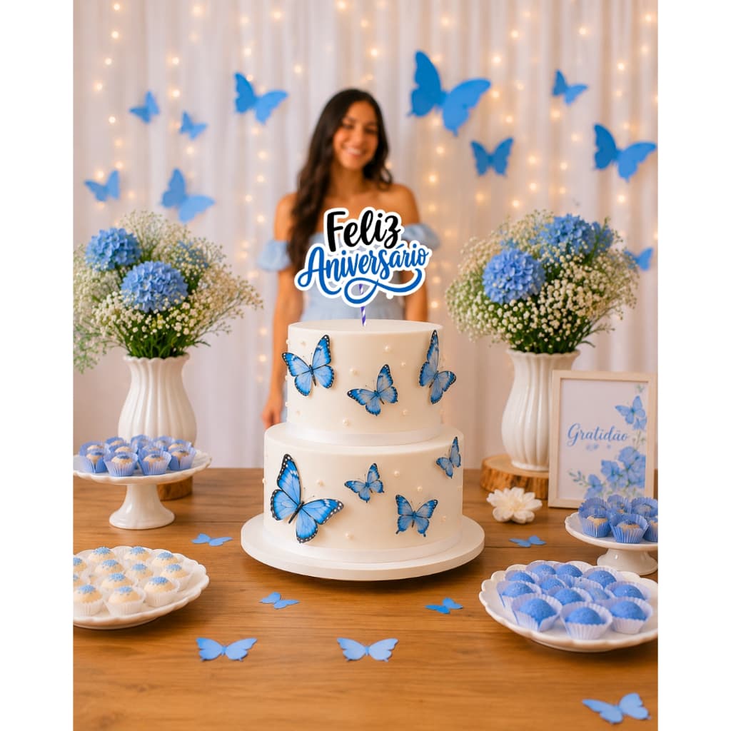 Bolo Fake Isopor e EVA 2 Andares Tema Borboleta Feliz Aniversário