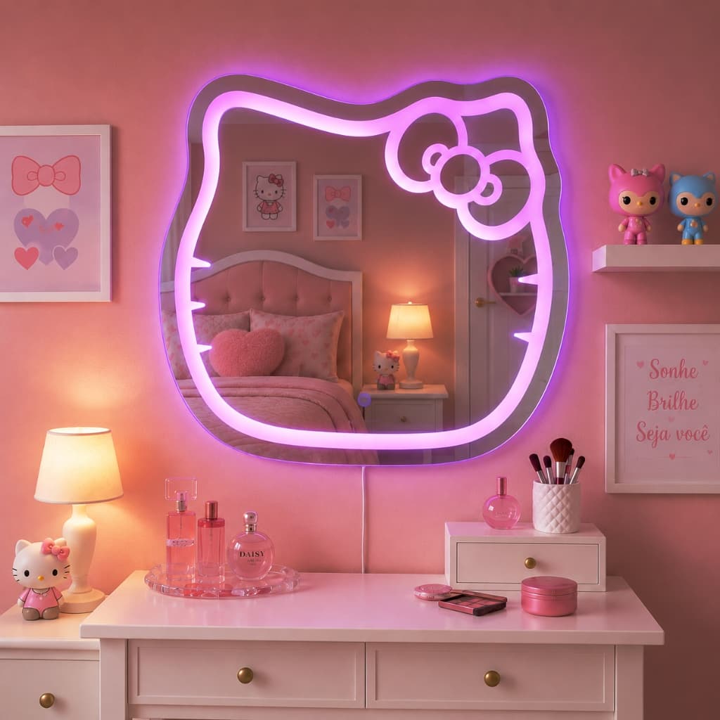 Espelho Infantil Jateado Gatinho Gato 70x65cm Led Touch Três Tons Roxo Branco e Amarelo