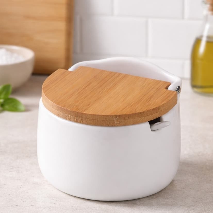 Saleiro De Mesa em Cerâmica Com Tampa De Madeira Bianco 340ml Lyor ou Saleiro Sweet Home