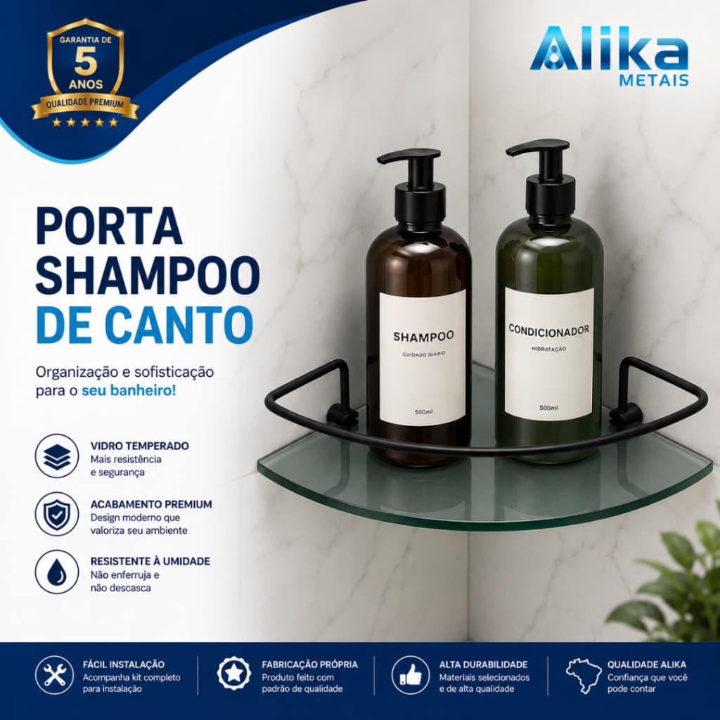 Porta Shampoo de Canto para Banheiro em Vidro Temperado Fumê – Prateleira Luxo Moderna