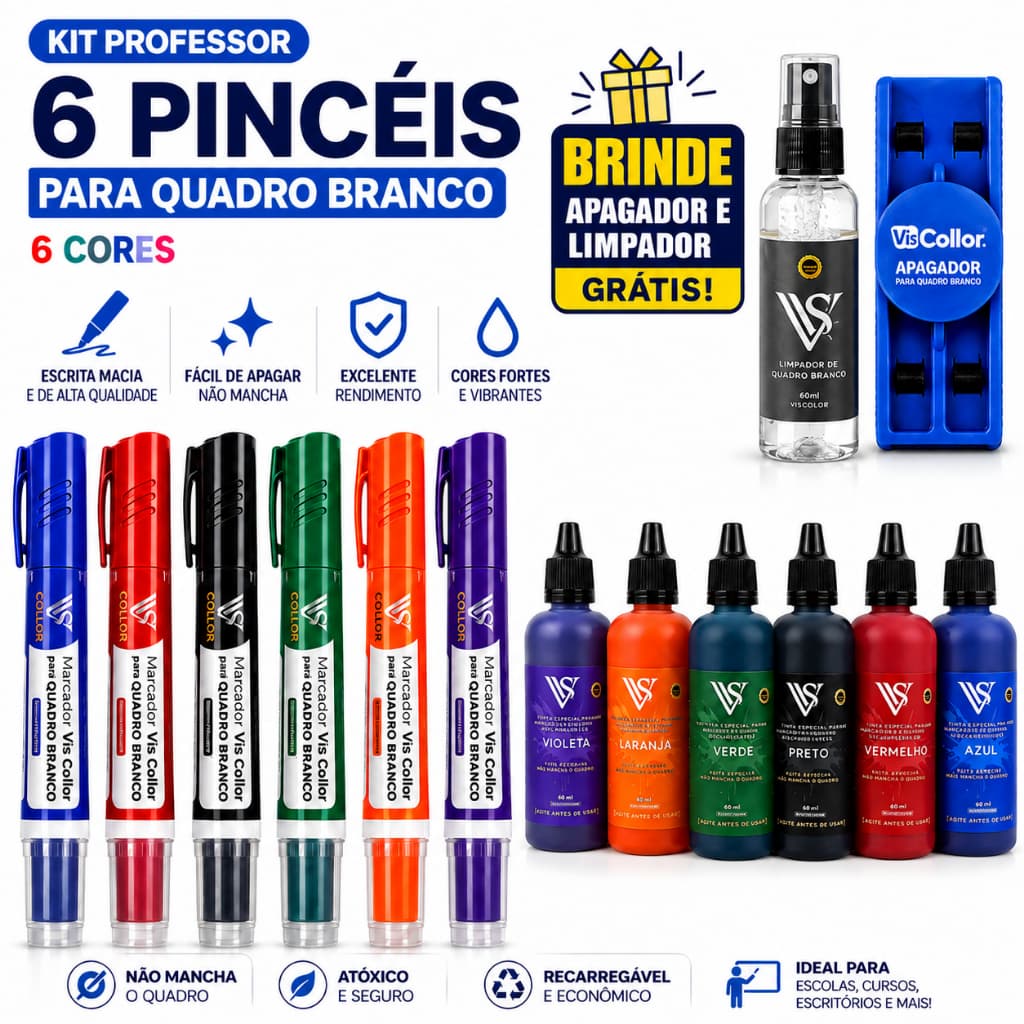 Kit Professor Pincel Marcador Cnetão De Quadro Branco Lousa  Tintas + Limpador e Apagador Gratis