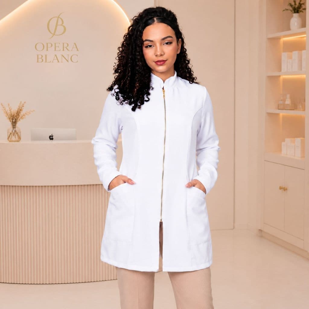 Jaleco Feminino Slim Manga Longa com Zíper Dourado Tecido Alfaiataria com Elastano PP ao GG