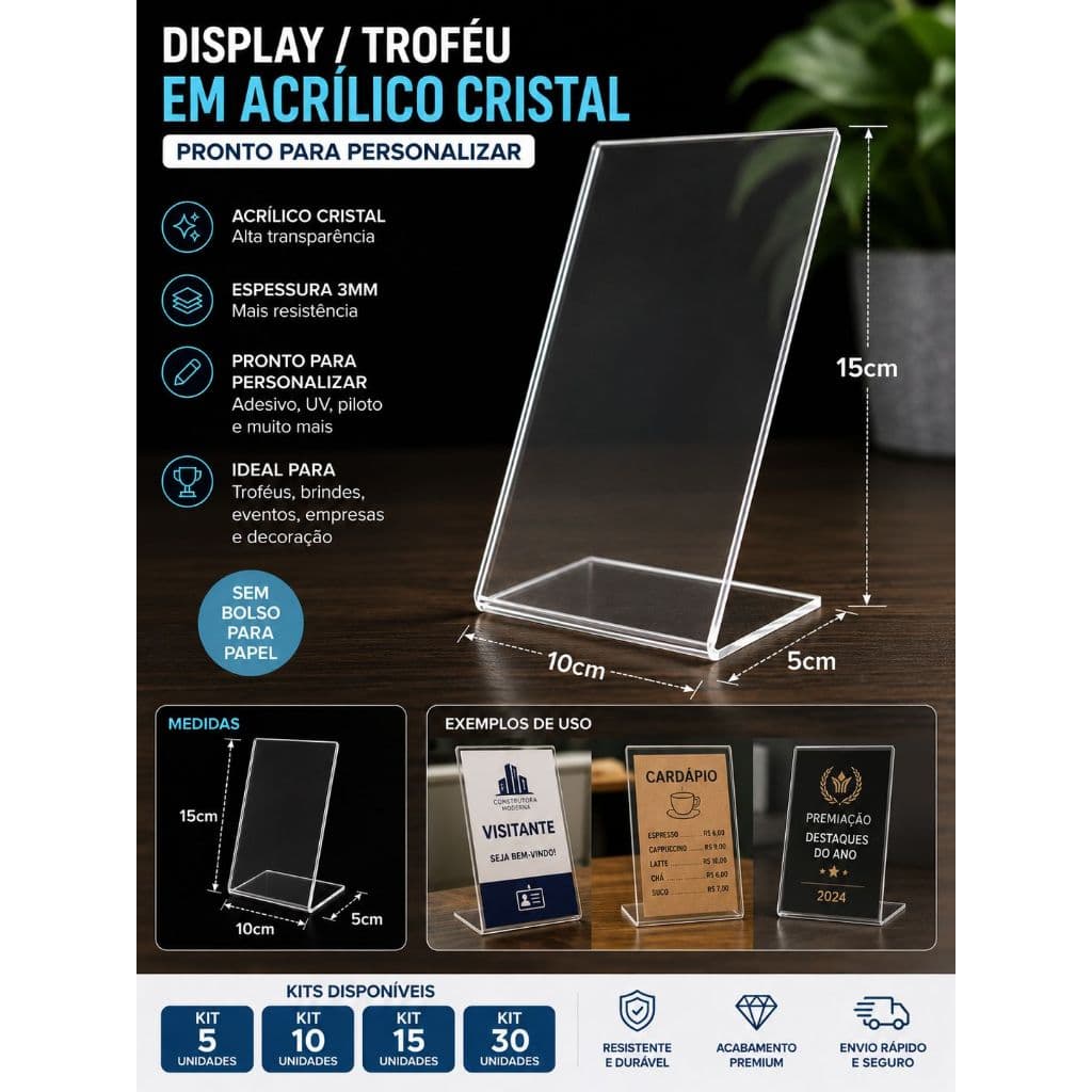 Display Expositor Acrílico Cristal 15x10cm p/ Personalização | Troféu em Acrílico 3mm Kit 5 10 15 30 Un