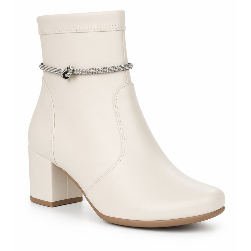 Bota Feminina Salto Bloco Grosso Bico Quadrado com Strass Preta Off White