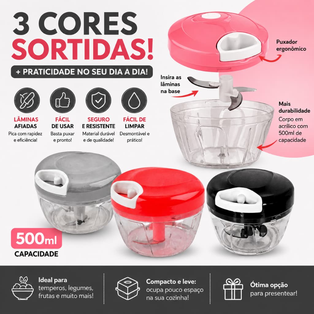 Triturador Processador Manual 3 Lâminas mini - (Cores Sortidas)