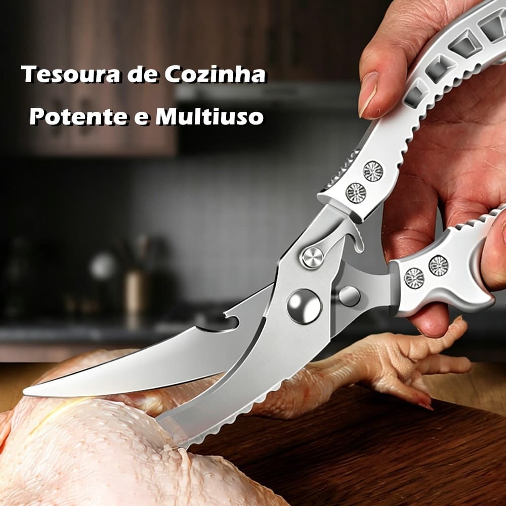 Tesoura Multifuncional Cozinha Inox Corta Frango Carne Peixe Churrasco Abridor 6 em 1