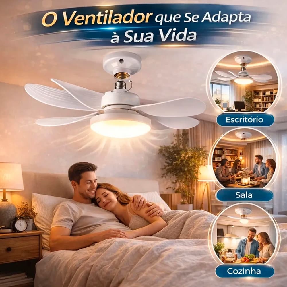 Ventilador de Teto Silencioso 100W com Lâmpada LED e Controle Remoto soquete E27 5 Hélices Tres Tipos de Iluminação
