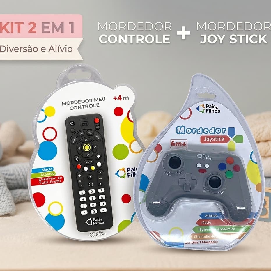 Kit Mordedor Meu Controle e Mordedor Joystick de Silicone Sensorial e Macio Para Bebe