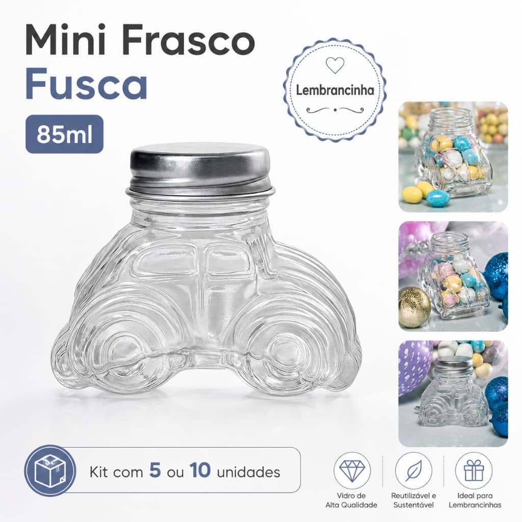 Kit Mini Frasco Fusca de Vidro com Tampa Baleiro Lembrancinha Festa Infantil Carros Aniversário Chá de Bebê Maternidade