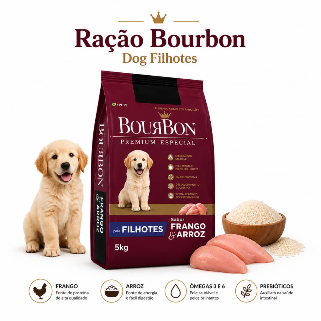 Ração Para Cachorro Bourbon Dog Filhote Premium Frango e Arroz 5kg Premium 28% Proteína