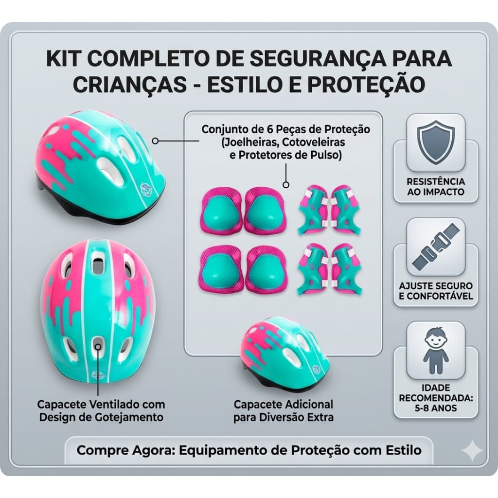 Kit Protecao Infantil Completo Capacete 7 Pecas Acolchoado Cores Sortidas Segurança Conforto