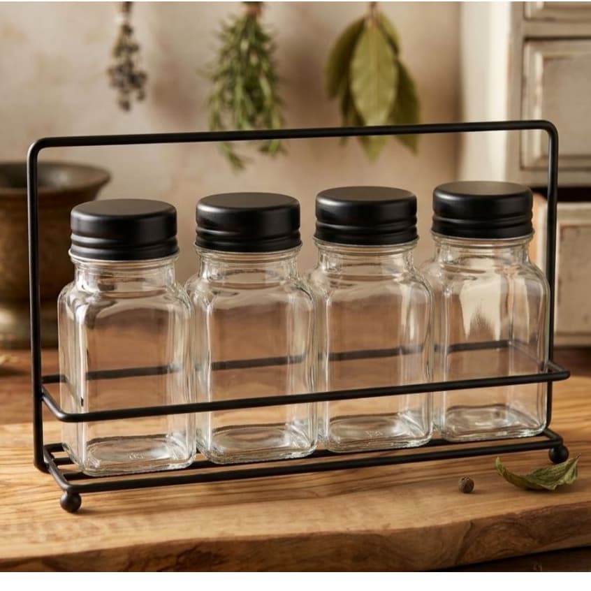 Cesto Porta Temperos de Vidro 4 Potes 9,5cmx4cm De Vidro 90ml C/tampa