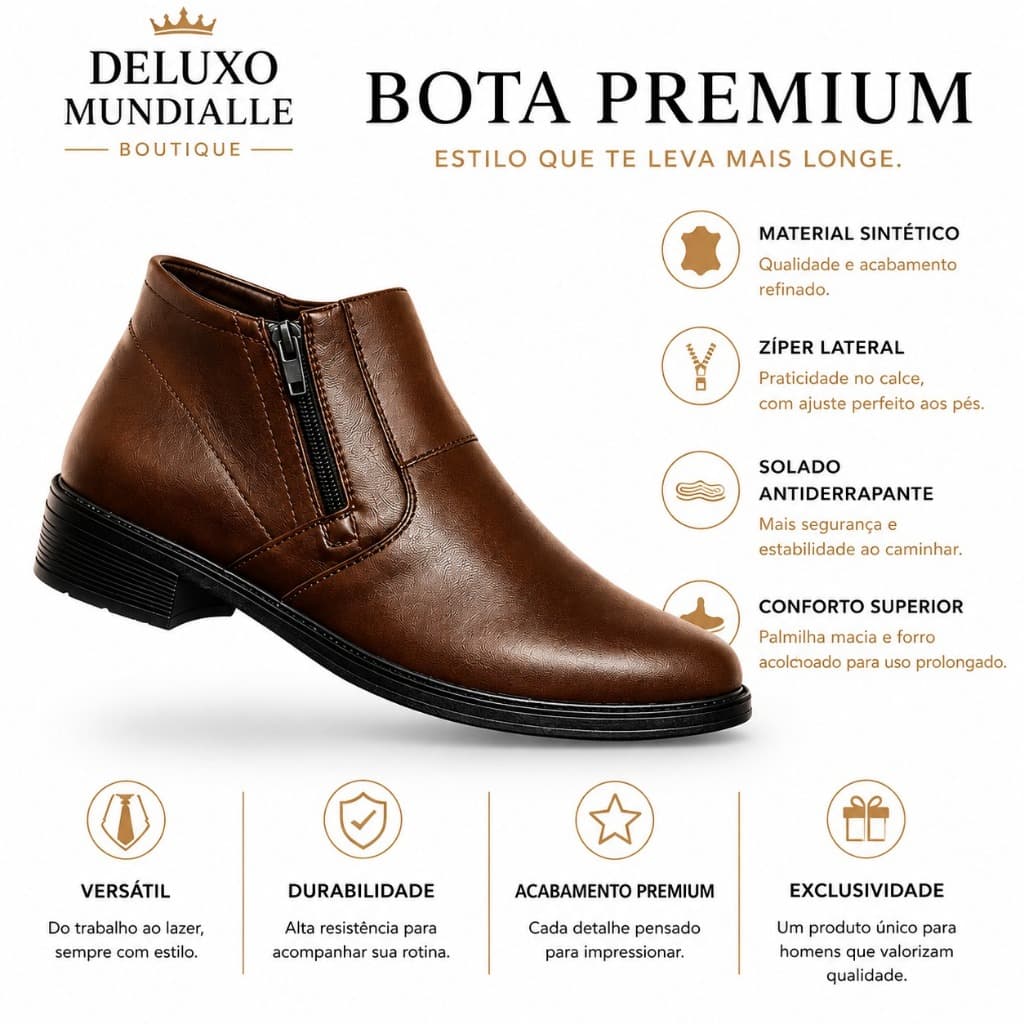 Bota Masculina Premium Sintética De luxo Mundialle – Zíper Lateral e Conforto Superior Envio Imediato!!!