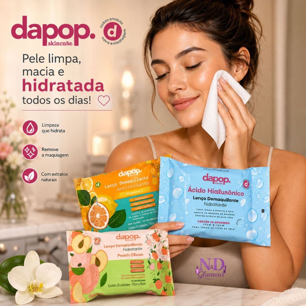 Lenço Demaquilante Dapop Hidratante Ácido Hialurônico Vitamina C Peach Clean 25 Unidades