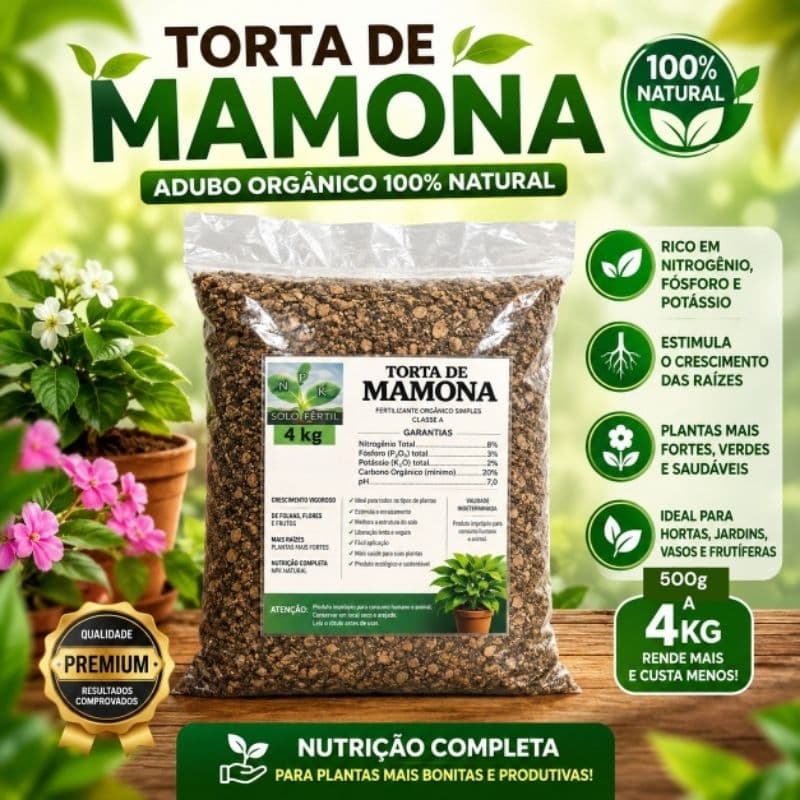 Torta de Mamona 4kg Adubo Orgânico Natural NPK para Hortas Plantas Flores Vasos e hortas