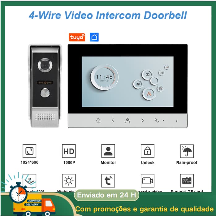 Video Porteiro 7" Full HD Visão Noturna WIFI Compativel Com App Tuya Smart Life Função de alteração de voz no aplicativo