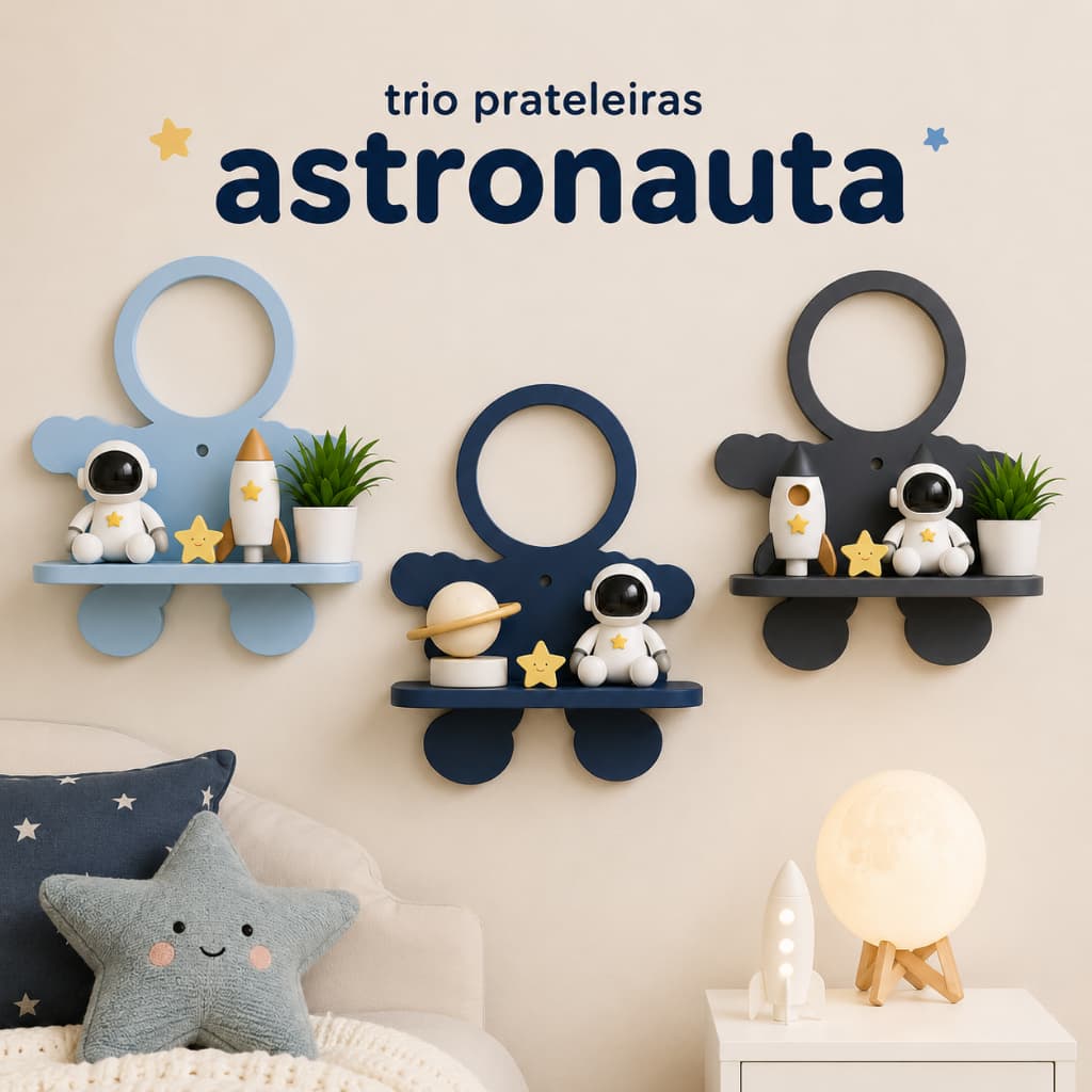 Kit 3 Prateleiras Astronauta Infantil MDF Decoração Quarto Bebê Menino Menina