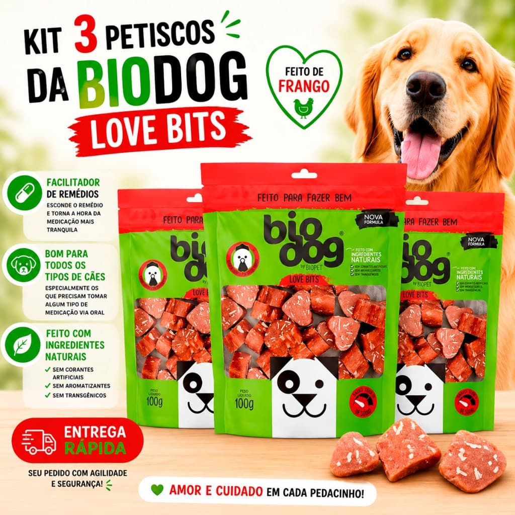 Kit 3 Bifinho Petisco Natural Snack Biscoito Cães Biodog Mordedor Gourmet Love Bits
