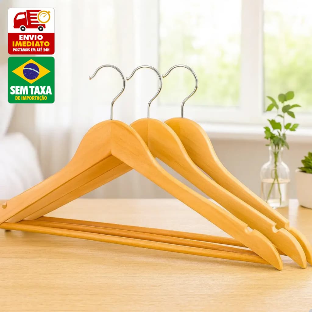 Cabide de Madeira Resistente Kit 3 Peças para Organizar Roupas Casacos Blazers Vestidos Camisas