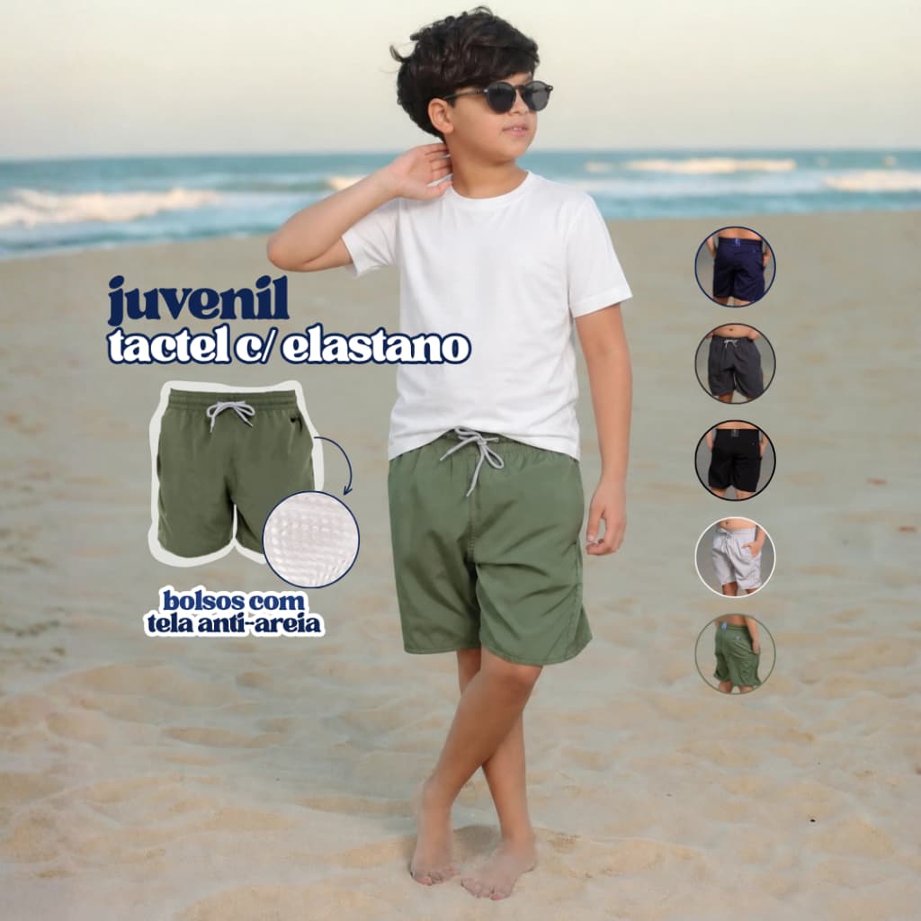 Bermuda Infantil Menino Tactel com Elastano Short Mauricinho Liso Masculino Juvenil Elástico Bolsos