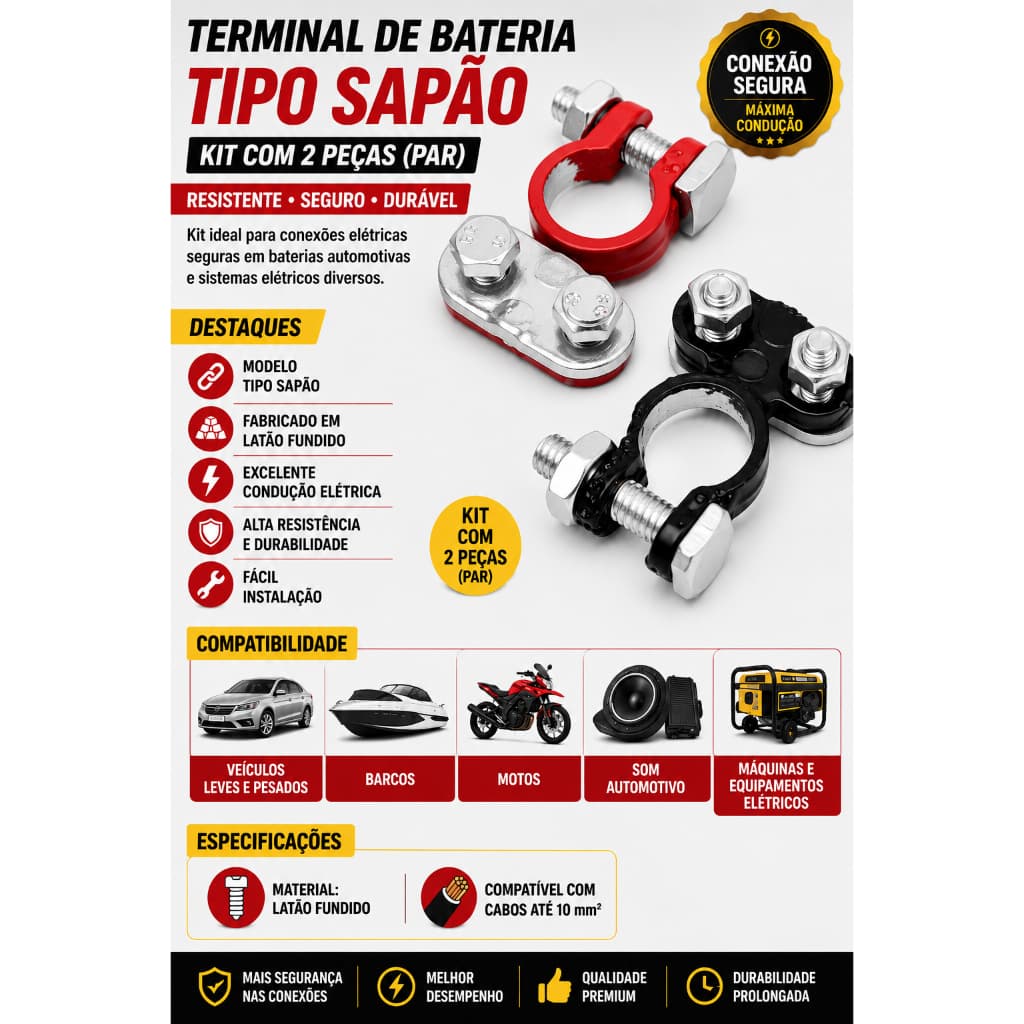 Terminal Bateria Automotiva Sapão Latão Fundido Par Carro Moto Som Automotivo