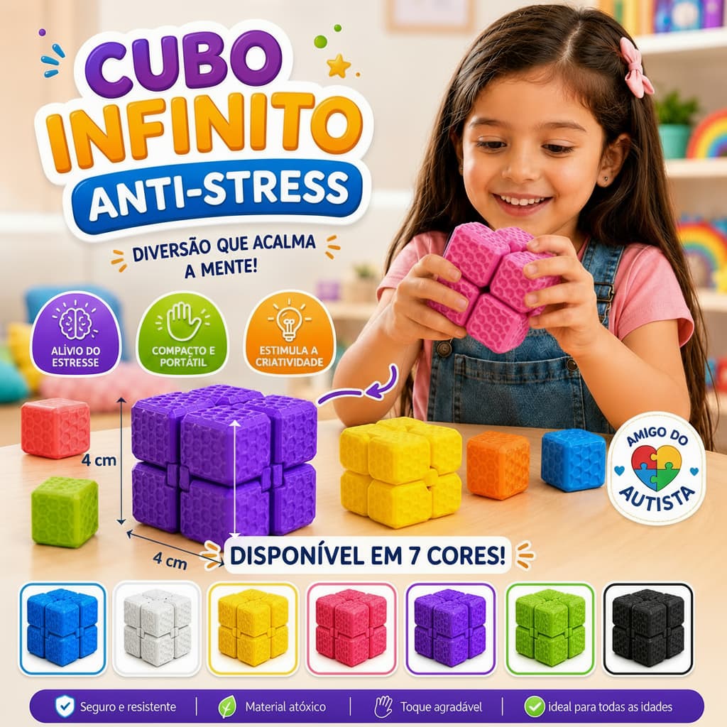 Cubo Infinito Sensorial Terapêutico Amigo do Autista em Material Ecológico com Design Moderno Colorido 4cmX4cm