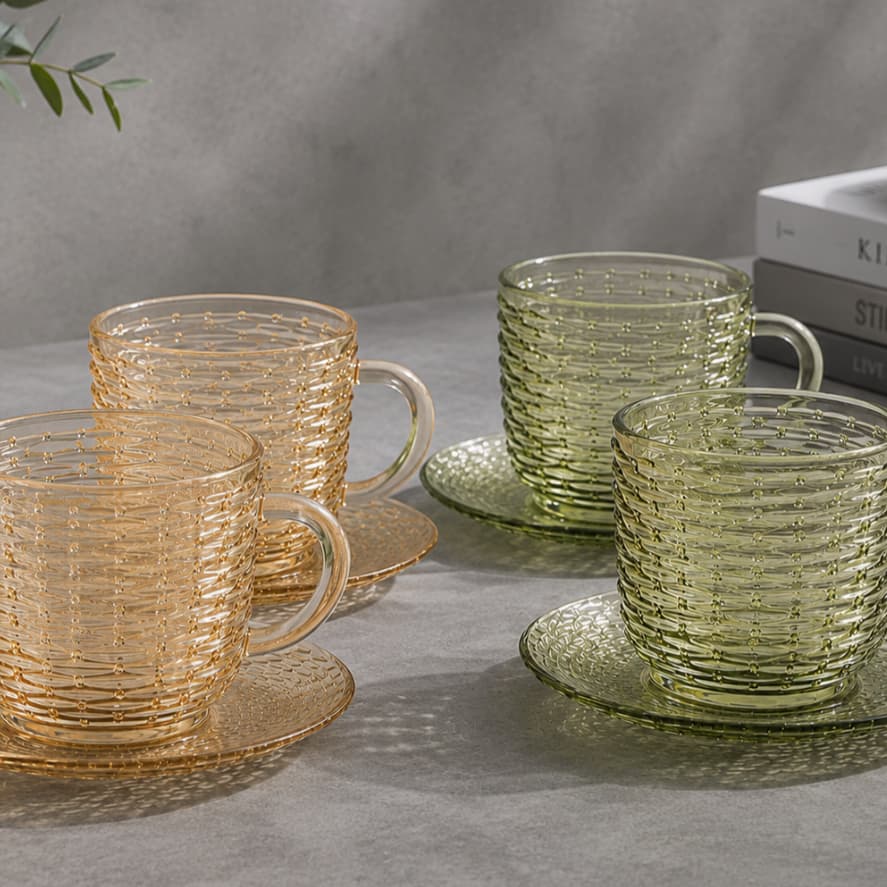 Jogo 6 Xícaras Para Chá De Vidro Com Pires Âmbar E Verde Hauskraft Rattan 240ml
