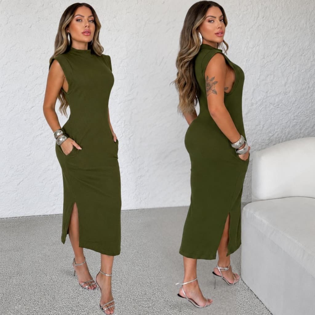 Vestido Mid Muscle Tee Feminino Canelado Premium Elegante com Fenda Lateral
