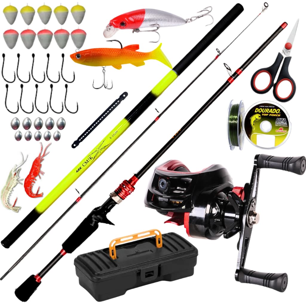 Carretilha de Pesca Anticabeleira Mao Direita Esquerda Drag 10kg Vara Carbono Isca Artificial Kit