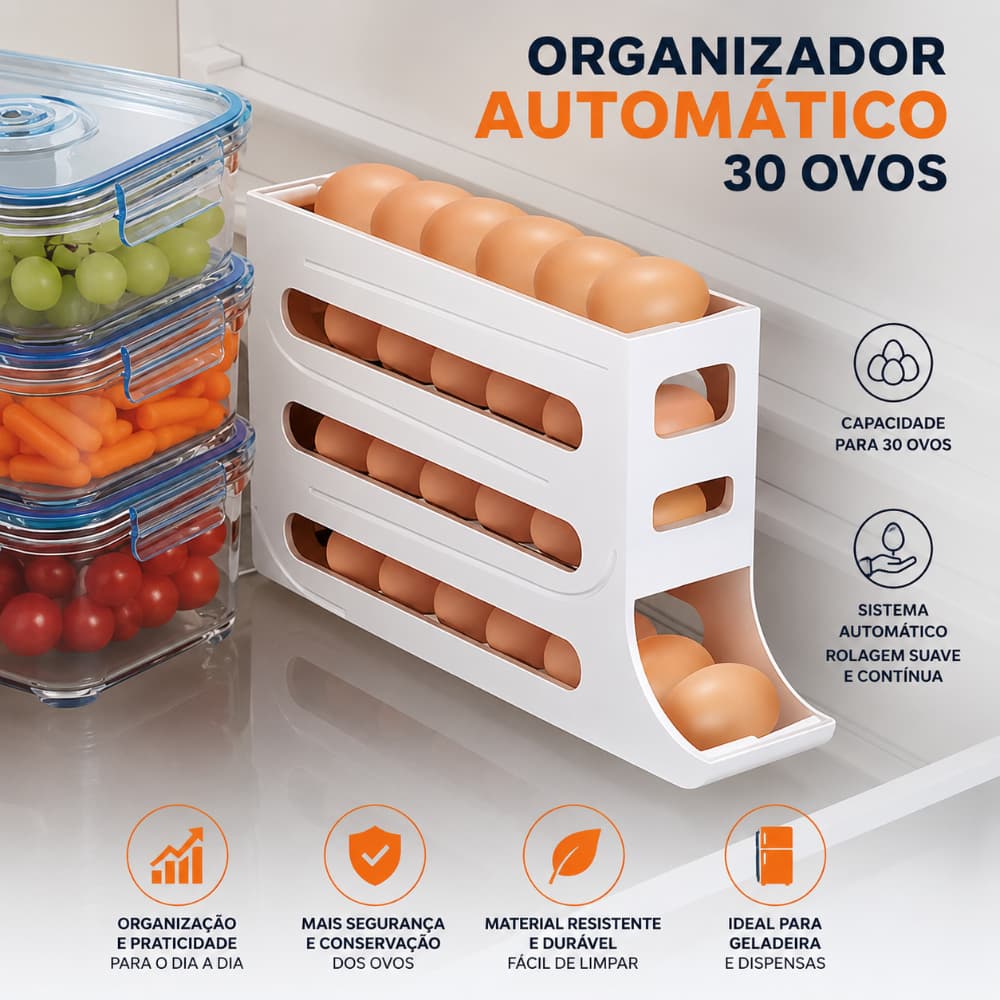 Porta Ovos 4 Andares Rolante em Plástico para Geladeira Organizador 24 a 30 Ovos
