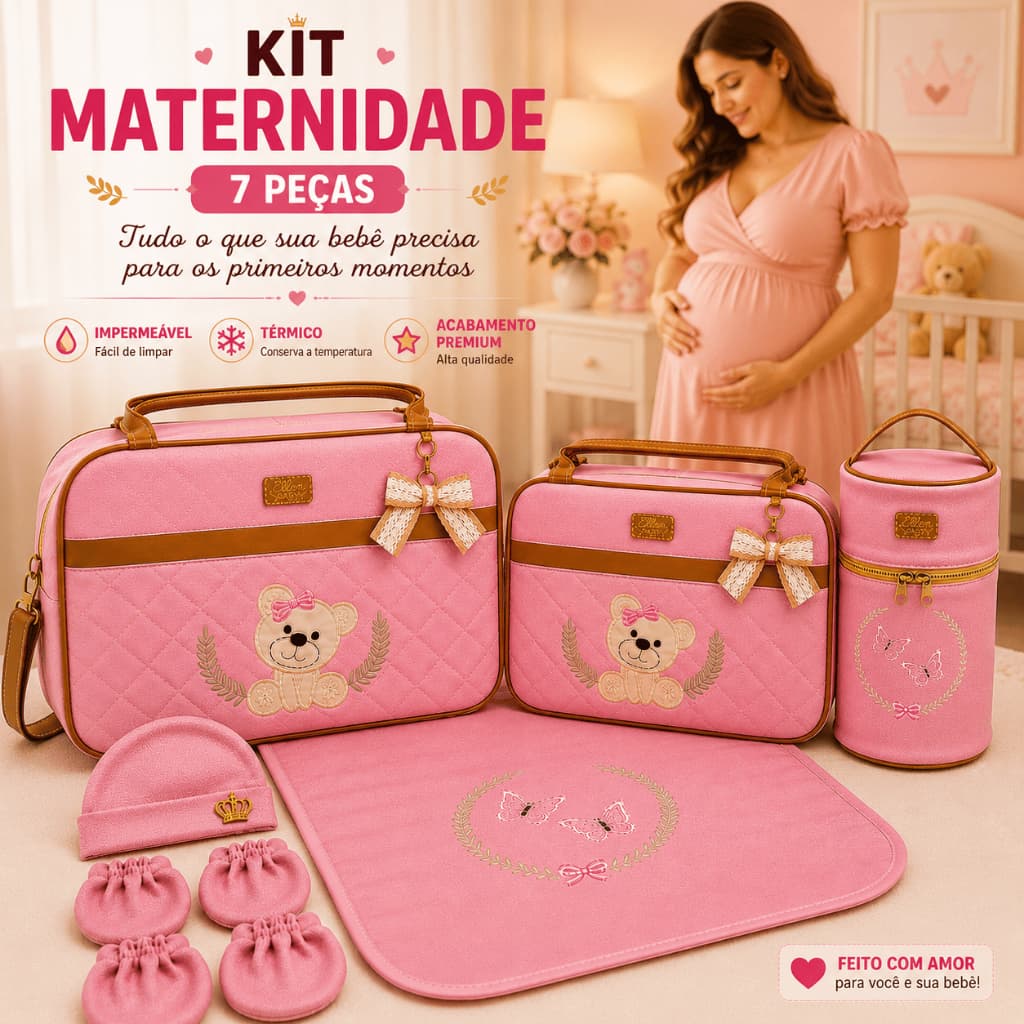 kit Bolsa Maternidade Menina enxoval 7 Peças Rosa Premium Impermeável