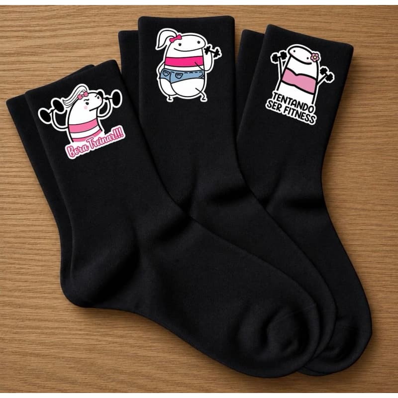 Meias Esportivas Preta Kit 3 Pares Estampa Flork Academia Estilosas E Confortável Algodão Premium