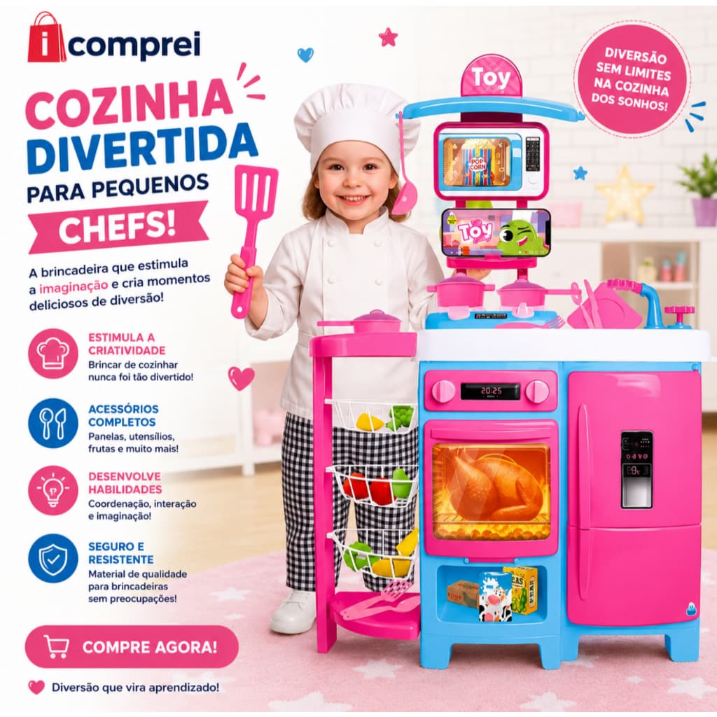 Cozinha Infantil Grande Completa Com Geladeira e Fruteira Brinquedo Menina Sai Água de Verdade 92 Cm