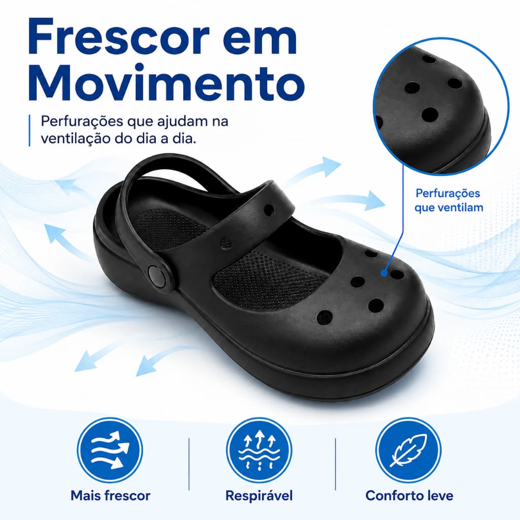 Clog Preto Leve Fácil de Limpar com Alça Ajustável para Uso Diário