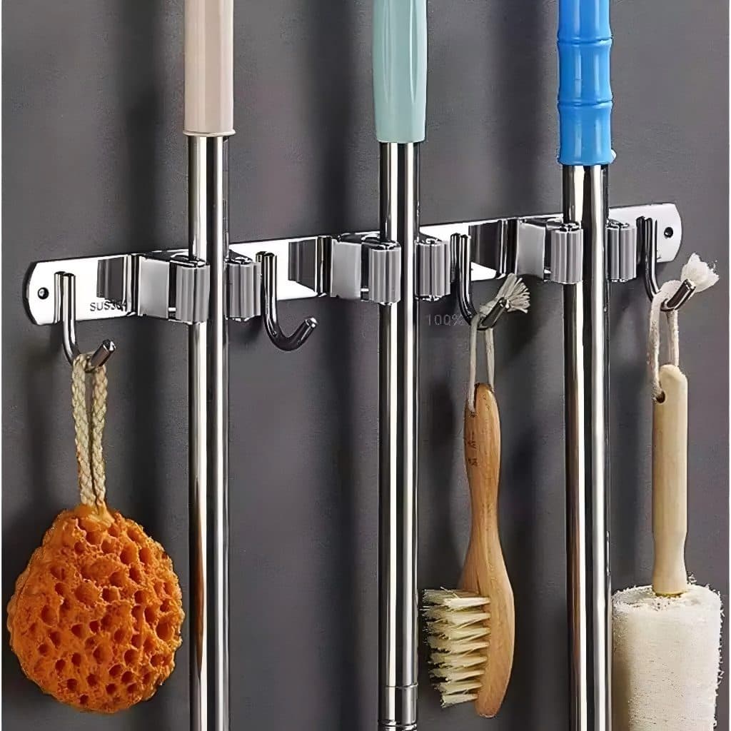 Stainless Steel Wall Mount 9 Hooks Broom Holder Mop Squeegee Cleaning Utensils